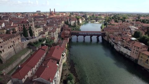 Aerial view of Bassano del Grappa with Ponte Vecchio bridge