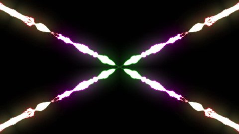 loopable animated RAINBOW cross shape Lightning bolts from center strike on black background animation new quality unique dynamic nature light effect video footage