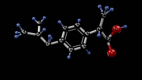 Molecular structure of ibuprofen. Ibuprofen molecule. Treatment for pain, fever and inflammation. Alpha channel. 
