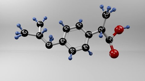 Molecular structure of ibuprofen. Ibuprofen molecule. Treatment for pain, fever and inflammation.
