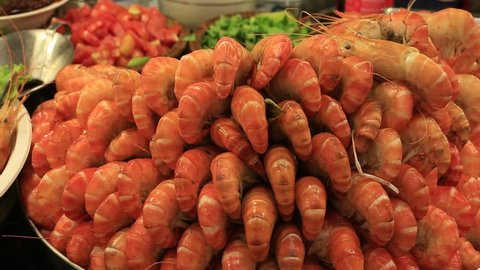Street thai food : boiled shrimp in night market, Bangkok, Thailand. Close up