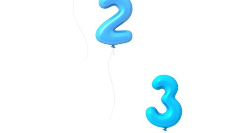 A count from one to three, numbers in form flying glossy blue air balloons. Animation of 3D items isolated on white background. Smart and easy mood. Start concept.