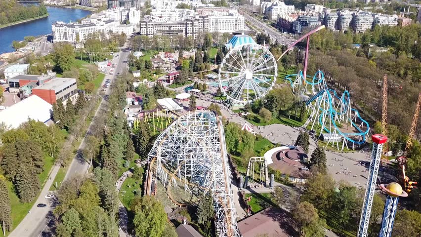 The roller coaster in the amusement park is aerial view. Russia, St. Petersburg, May 2018