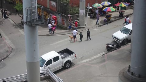 Medellin, Colombia - July 2, 2018: View of a little-traveled street in a dangerous neighborhood of Medellin