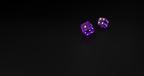 Purple dice falling on black background in slow motion 3D rendering