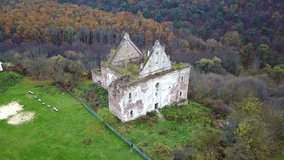 Aerial view of the ruined church of the Assumption of the Virgin Mary and the ruins of the Chervonohorod Castle. Ukraine