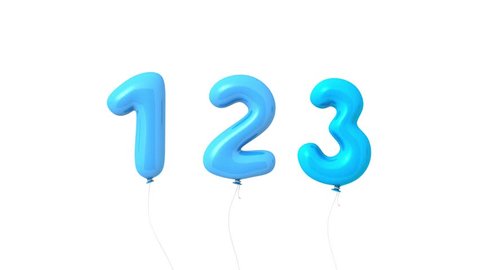 A count from one to three, numbers in form flying glossy blue air balloons. Animation of 3D items isolated on white background. Smart and easy mood. Start concept.