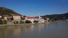 Panorama of Durnstein town, as it can be seen from cruise ship deck. Wachau valley, Austria