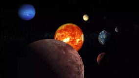 Realistic solar system 4K animation with shiny sun and other planets. Solar planet and sun rotation 4K footage for science and astronomy education. Sun, Earth, Neptune, Mercury, Venus, Mars, and Pluto
