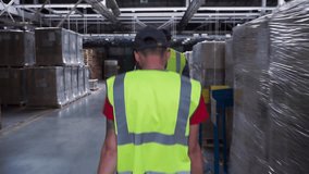 Rear view portrait of warehouse worker wearing hardhat and reflective jacket walking between storage shelves with boxes. Male warehouse worker. Clip