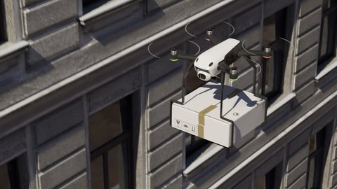 03443 Drone is delivering the package near the building.