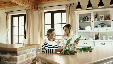 Elderly grandmother with an adult granddaughter at home., putting flowers in a vase.