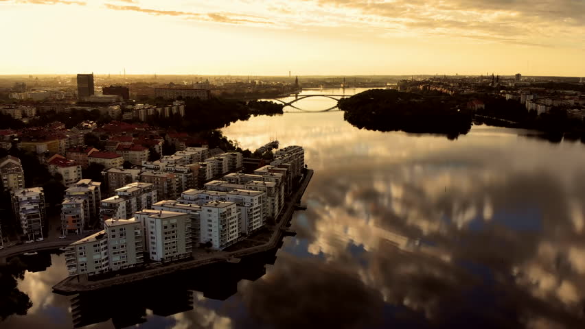 Aerial view of Stockholm on a summer morning.  Apartment buildings of "Lilla Essingen" in the foreground.
