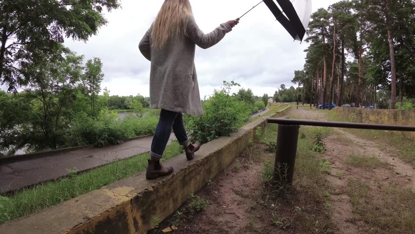girl under an umbrella in bad weather.