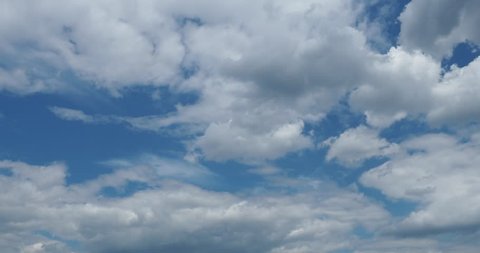 Beautiful white clouds on blue sky background, slow movement, wide horizon, panning