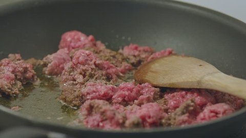 Beef being stirred in a pan on the stovetop.  Shot on a Blackmagic Ursa Mini Pro 4.6k with a Sigma 50-100mm f/1.8.