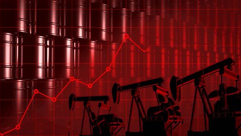 Red color scheme of animated chart showing an alarming price increase of oil. The scene implies panic in the market. The video includes 3d animated oil pump jacks and oil barrels as background