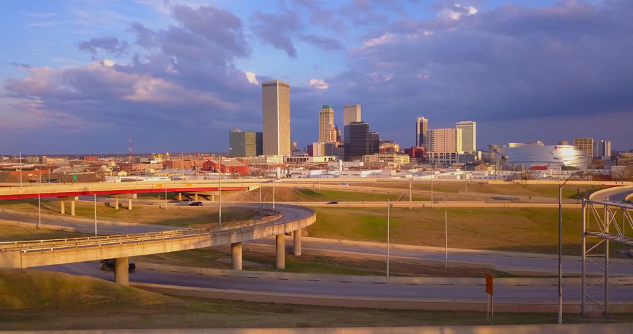 Drone footage of Tulsa, Oklahoma skyline from the west looking east.
