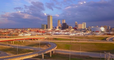 Drone footage of Tulsa, Oklahoma skyline from the west looking east.