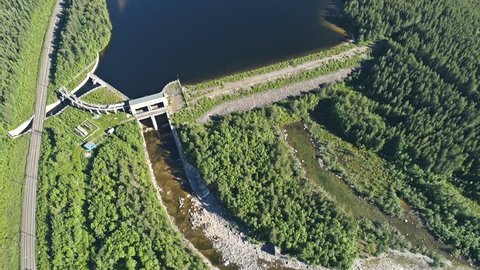 Dam on the River. Aerial View. Hydraulic Engineering Structure Located near Kandalaksha Town in Nothern Russia on River Niva