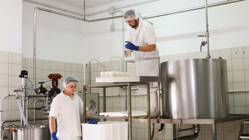 portrait of Men working at the Diary Cheese Factory- Making ricotta cheese
