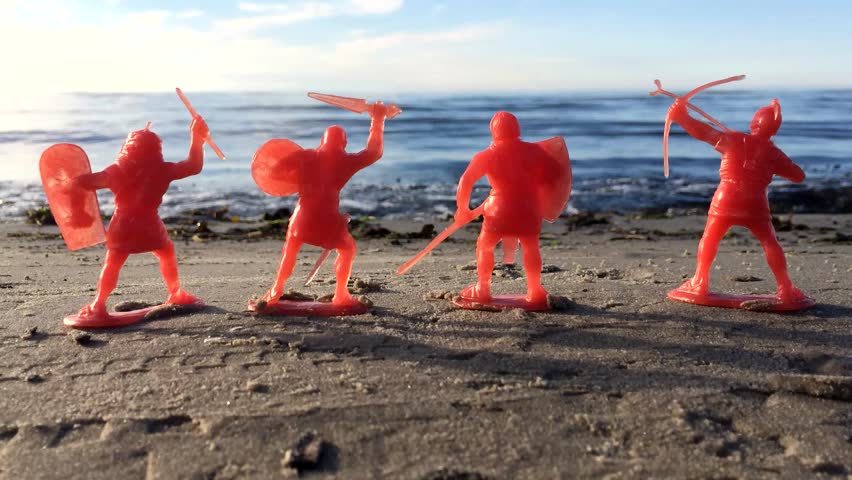 Toy soldiers,  ancient egyptians on beach. Retro vintage.  Soviet Union toys, plastic figures.