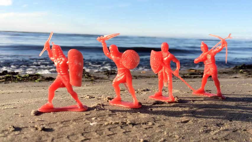 Toy soldiers,  ancient egyptians on beach. Retro vintage.  Soviet Union toys, plastic figures.