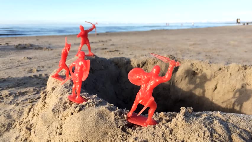 Toy soldiers,  ancient egyptians on beach. Retro vintage.  Soviet Union toys, plastic figures.