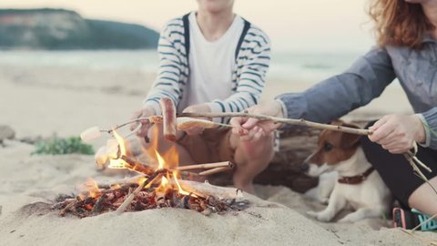 Son and his mother roast marshmallow, sausages and bread on sticks. Family camping on beach in evening at sunset. Campers rest on summer vacations at sea and prepare. Family. Go Everywhere lifestyle స్టాక్ వీడియో