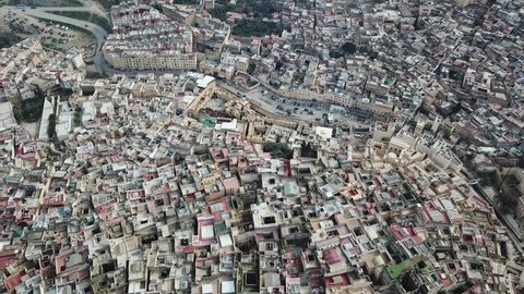 Aerial view on the tannery leather manufacturing in old Medina in Fes, Morocco (Fes El Bali Medina), 4k