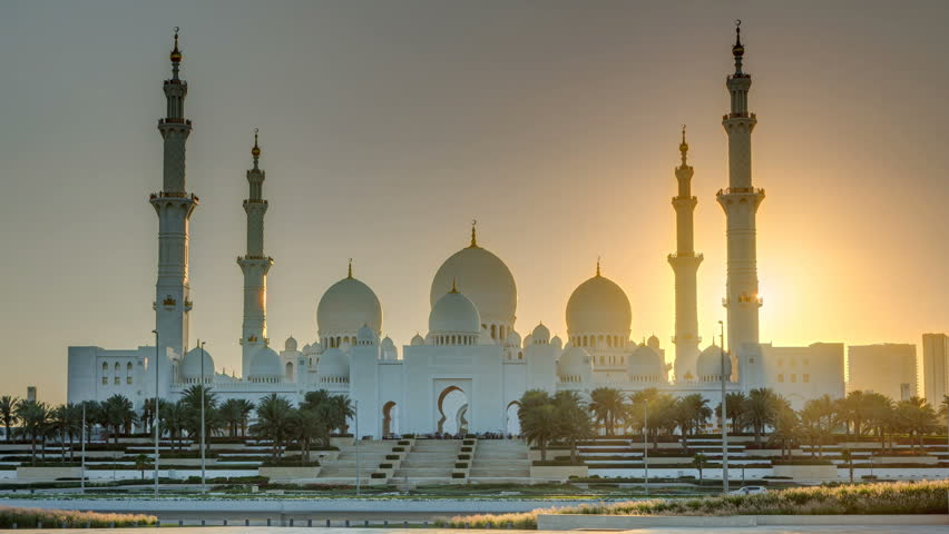 Sheikh Zayed Grand Mosque in Abu Dhabi at sunset timelapse, UAE. Evening view from Wahat Al Karama | Shutterstock HD Video #1013247938