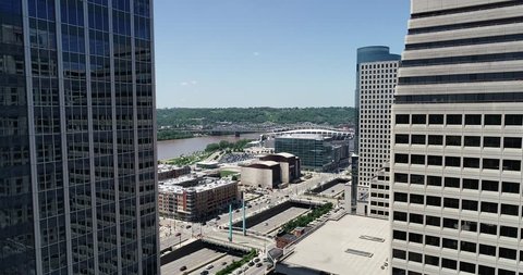 Aerial view of downtown Cincinnati near the stadium.
