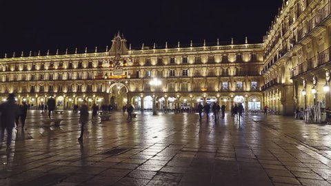 Plaza Mayor (Main Plaza) in Salamanca, Spain is large plaza located in center of Salamanca, used as public square. It was built in traditional Spanish baroque style and is popular gathering area.