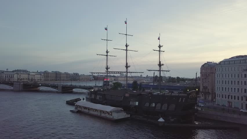 Center of St. Peterburg from Birjevoy bridge with retro ship. World cup 2018
