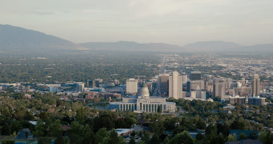 Panning shot of Downtown Salt Lake City Utah at dusk