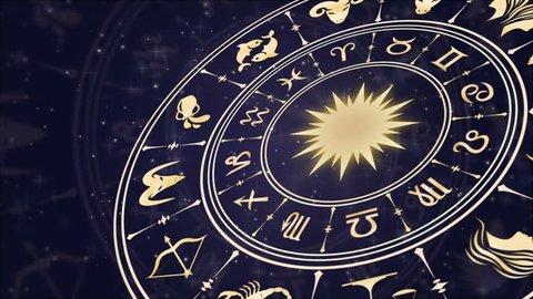Horoscope wheel, zodiac circle on the dark background with glowing particles