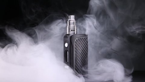 vaping, vapor from vaporizer, rebuildable dripping atomizer and regulated box mods on black background, electronic cigarette for quit smoking, high definition, Full HD, 1920x1080