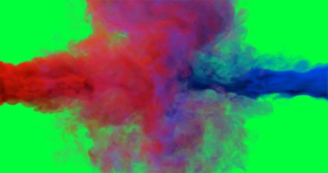 Slow motion of the colourful drops of red and blue colliding on the chroma key background like smoke explosion and mixing. Green screen. Close up. With alpha matte channel.
