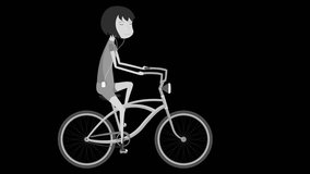 
Girl on a bicycle. 
Hipster on city bike. 2d animation in the style of flat illustration with alpha channel. Animation for promo videos, festivals, presentations. Black and white silhouette 