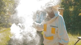 bee-maker beekeeper man working of a smoke pipe beeper smoker device for repelling evil bees. slow motion video apiary. beekeeping concept lifestyle bee agriculture