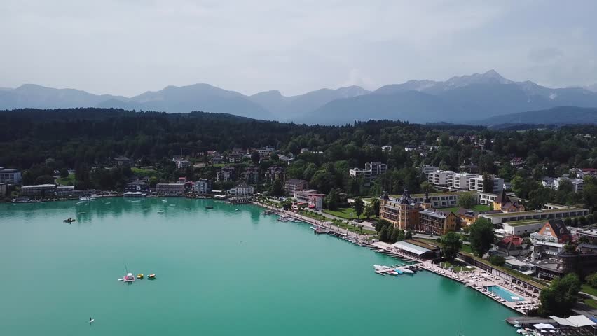 Villach, Austria — 12 jun 2018. Aerial view of Wörthersee lake in Alps Mountains