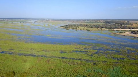 Aerial landscape in Okavango delta on Namibia and Angola border. River with shore and green vegetation after rainy season.