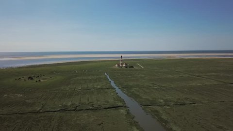 Aerial Helicopter View Famous Historic Lighthouse near Ording North Sea Germany 