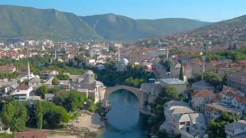 Top view drone made 4K video of Old bridge in Mostar, Bosnia and Herzegovina