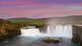 4k Timelapse Sunset Scene with Moving Clouds at Godafoss in Summer of Iceland