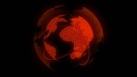 Abstract Geometric Circle dot pixel pattern World Globe shape moving rotate orange color, network technology concept design on black background, animation 4K with copy space