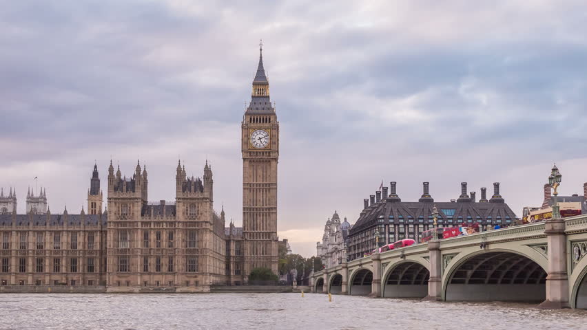 4K Timelapse of BigBen in clear sky day in England, UK. And Westminster Bridge the place that been historical and iconic landmark of London Royalty-Free Stock Footage #1013338832