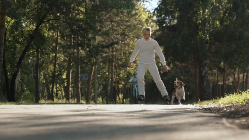 Girl with her dog on roller skates go for a drive on the track of the park. Slow motion. Concept: A dog is a man