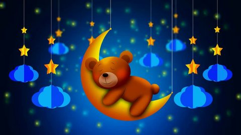 cute bear cartoon sleeping on moon, best loop video screen background for a lullaby to put a baby to sleep, calming, relaxing