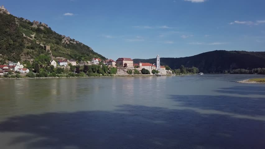 Aerial panorama of Durnstein town. Wachau valley, Austria